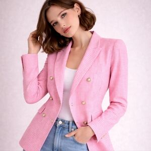 Peiran | Pink White Double Breasted Gold Button Blazer